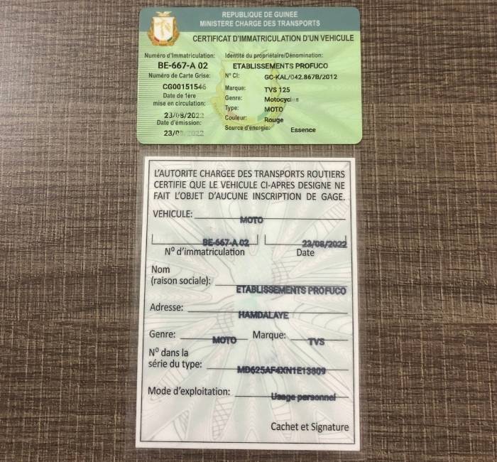 Carte grise et attestation de non gage biometrique Guinée